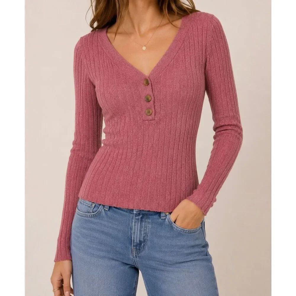 Sundance Pink Ribbed Henley Sweater Top Medium Boho Cottagecore
